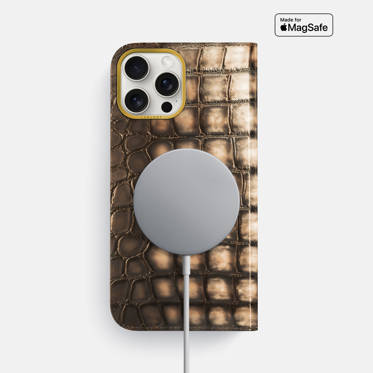 Etoupe iPhone 16 Pro Max Folio Magsafe Case Patina Alligator with Gold Metal -3 | Etoupe-Gold