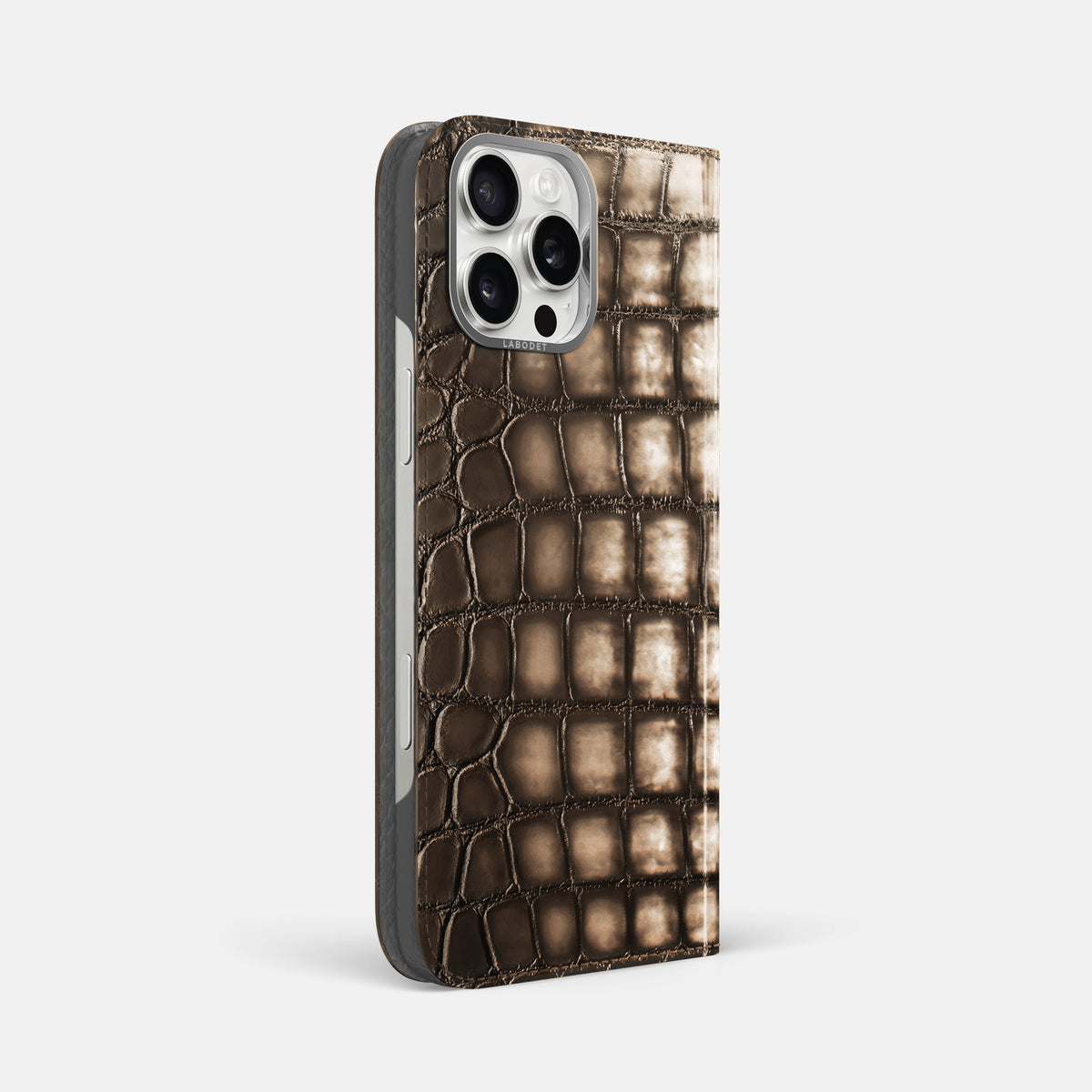 Etoupe iPhone 16 Pro Max Folio Magsafe Case Patina Alligator with Steel Metal -1 | Etoupe-Steel