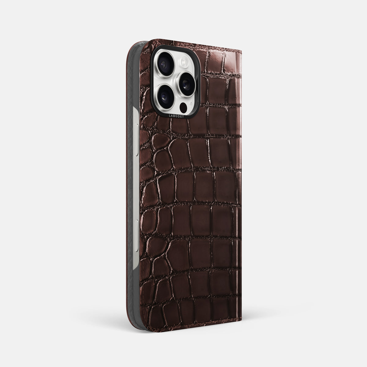 Grape-Wine iPhone 16 Pro Max Folio Magsafe Case Patina Alligator with Black Metal -1 | Grape-Wine-Black