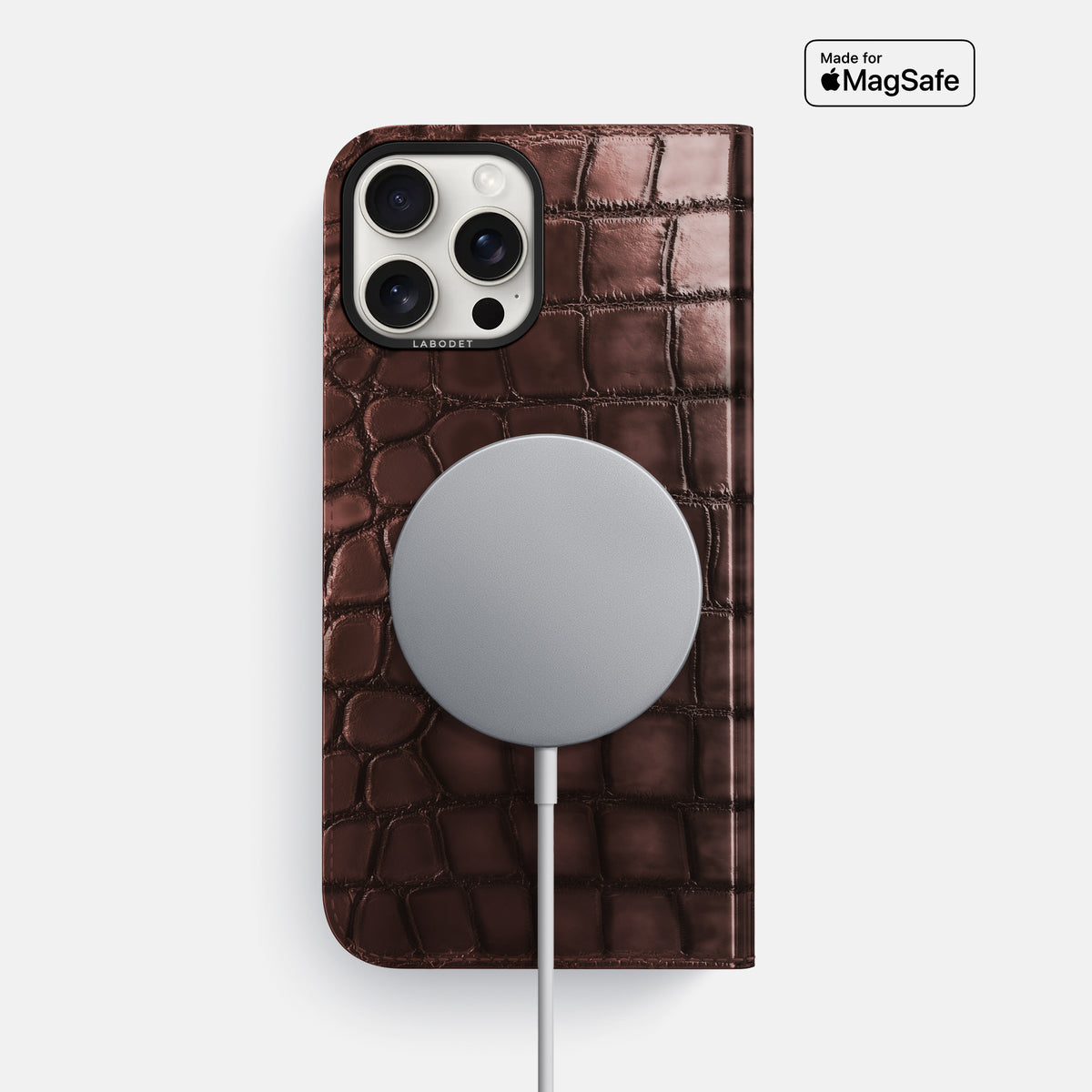 Grape-Wine iPhone 16 Pro Max Folio Magsafe Case Patina Alligator with Black Metal -3 | Grape-Wine-Black