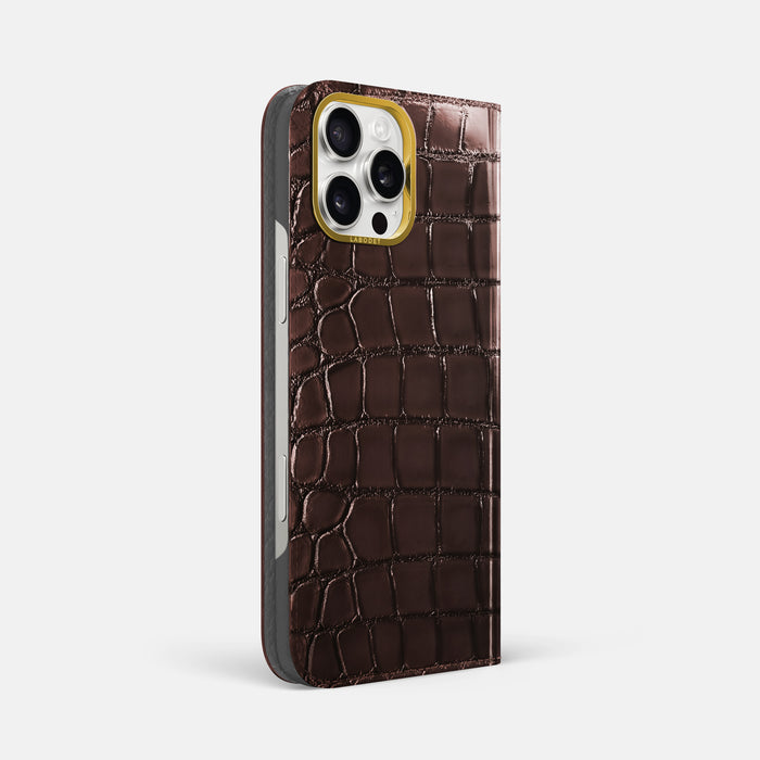 Grape-Wine iPhone 16 Pro Max Folio Magsafe Case Patina Alligator with Gold Metal -1 | Grape-Wine-Gold