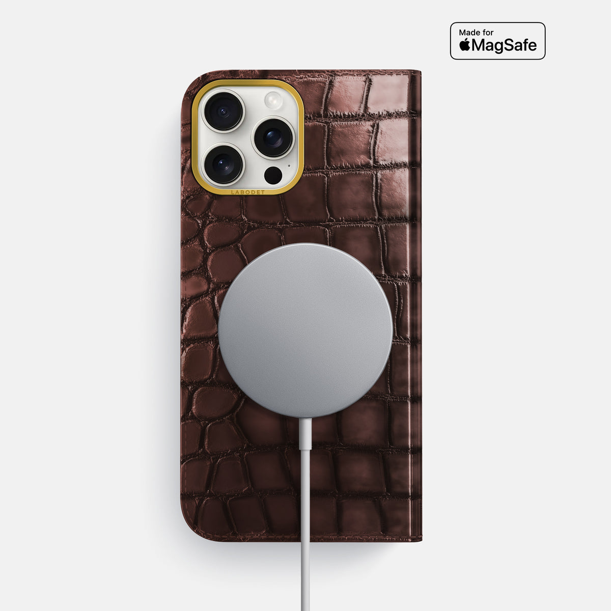 Grape-Wine iPhone 16 Pro Max Folio Magsafe Case Patina Alligator with Gold Metal -3 | Grape-Wine-Gold