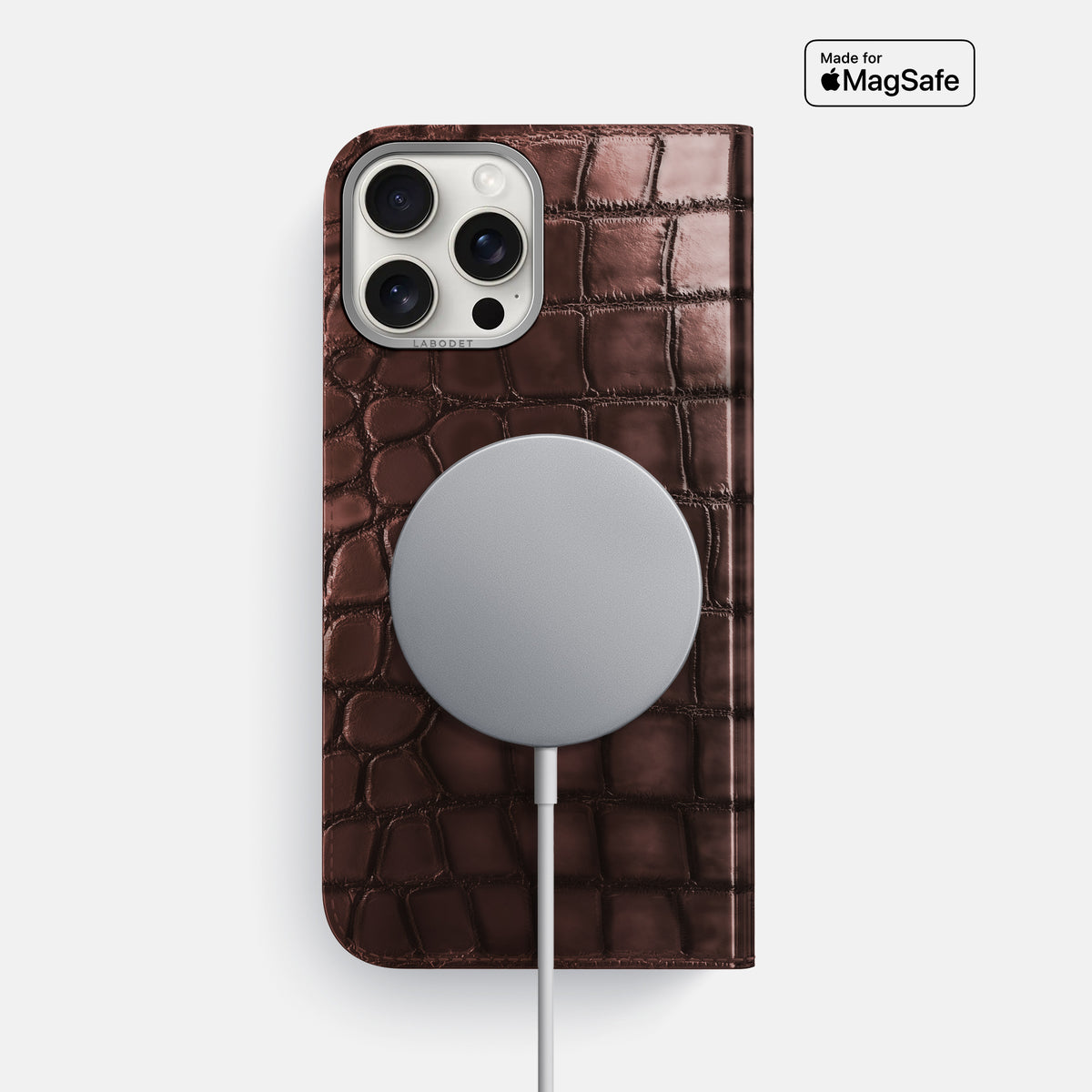Grape-Wine iPhone 16 Pro Max Folio Magsafe Case Patina Alligator with Steel Metal -3 | Grape-Wine-Steel