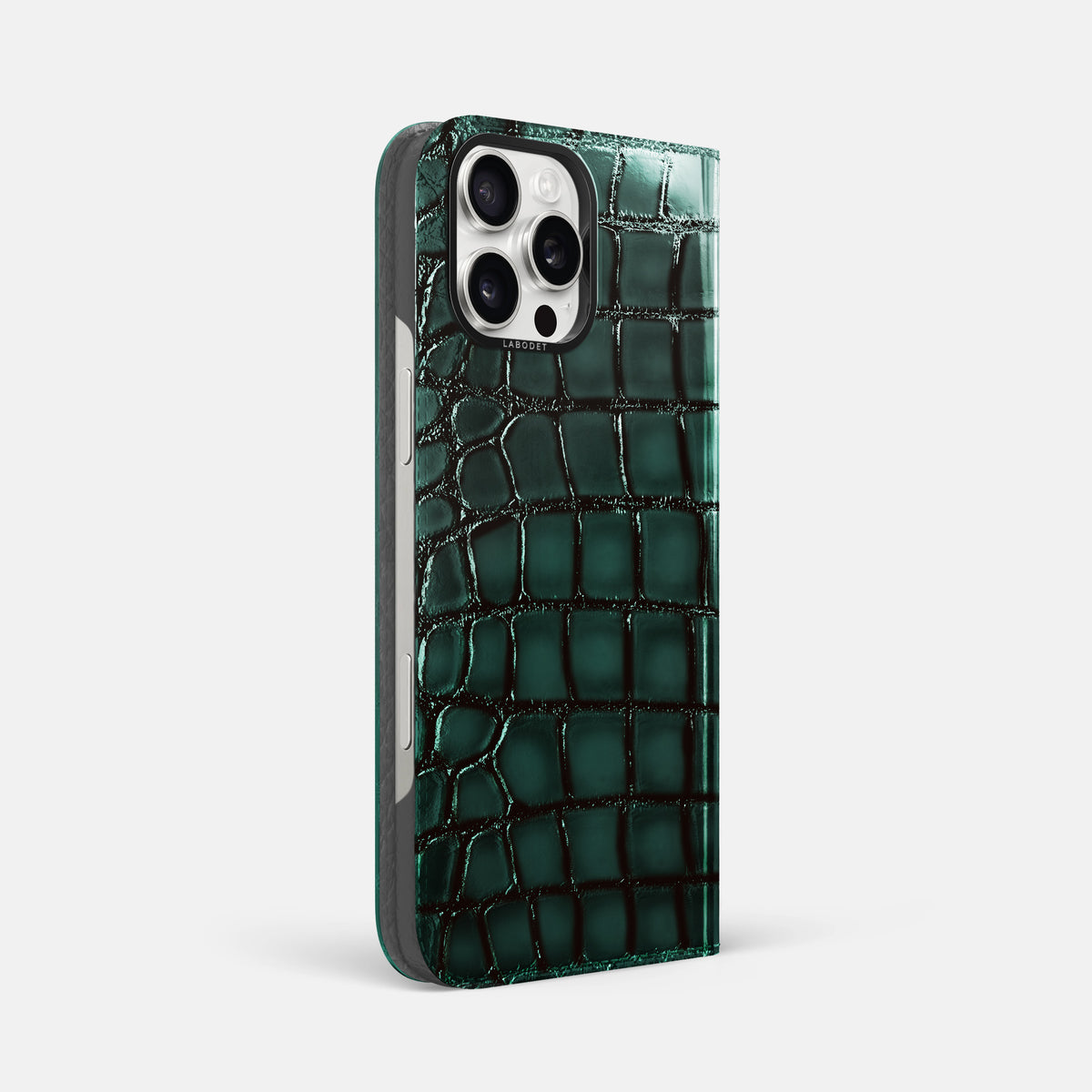 Green iPhone 16 Pro Max Folio Magsafe Case Patina Alligator with Black Metal -1 | Green-Black
