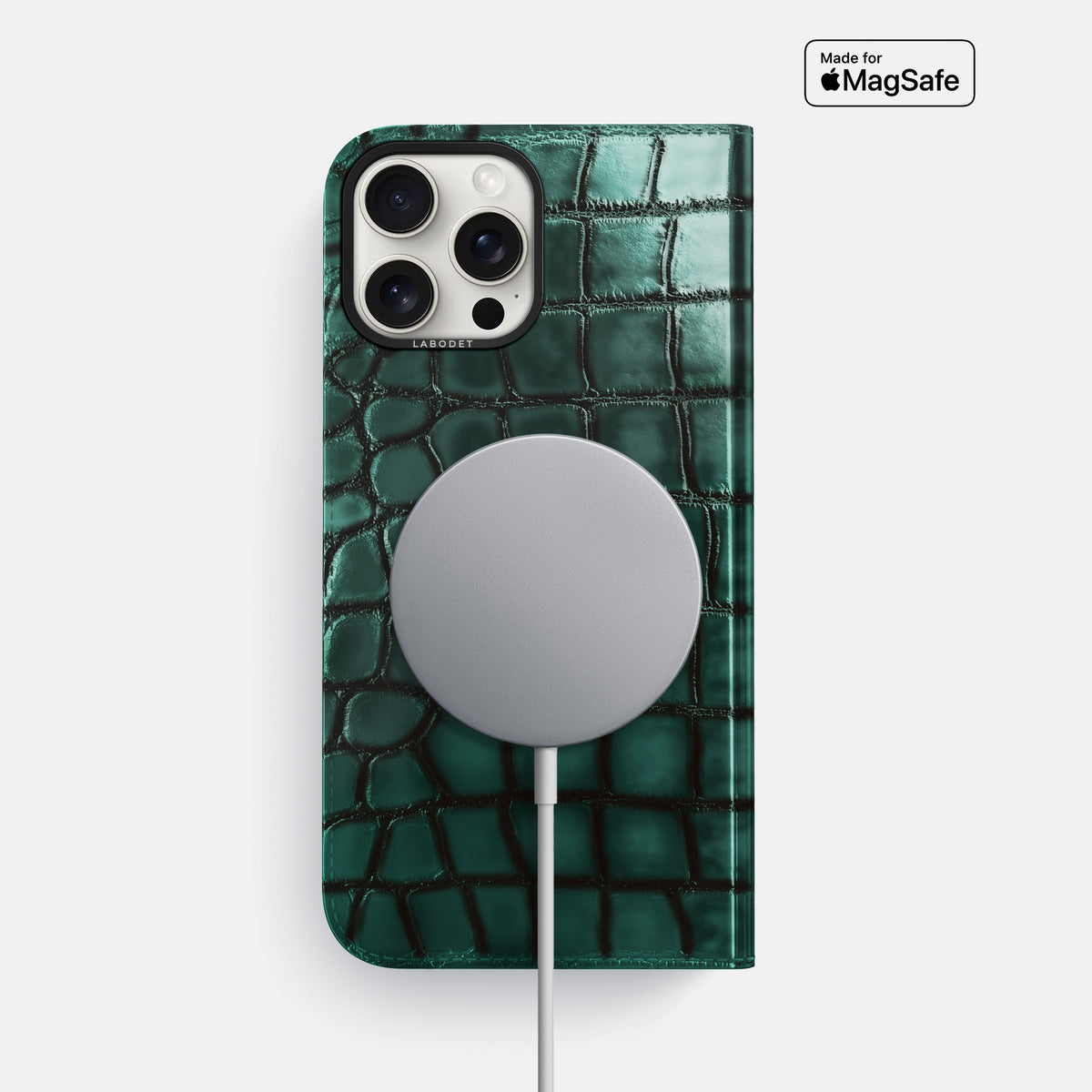 Green iPhone 16 Pro Max Folio Magsafe Case Patina Alligator with Black Metal -3 | Green-Black