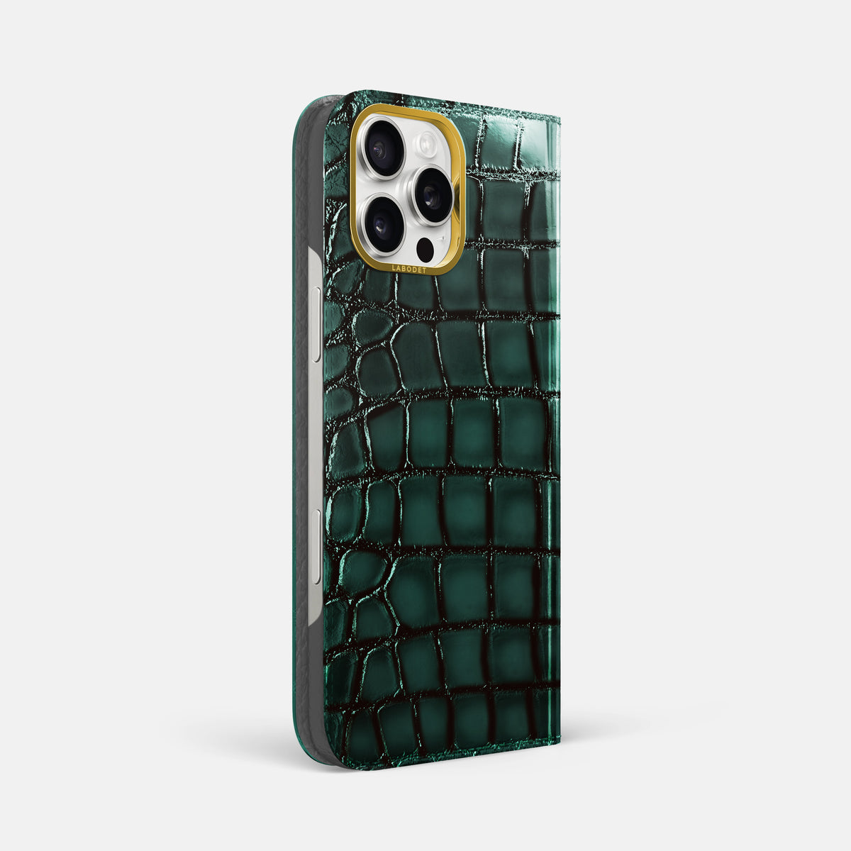 Green iPhone 16 Pro Max Folio Magsafe Case Patina Alligator with Gold Metal -1 | Green-Gold