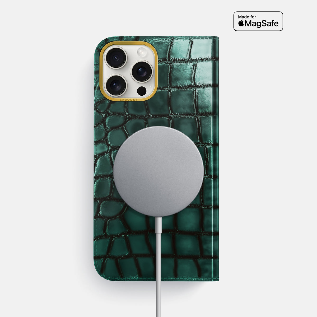 Green iPhone 16 Pro Max Folio Magsafe Case Patina Alligator with Gold Metal -3 | Green-Gold