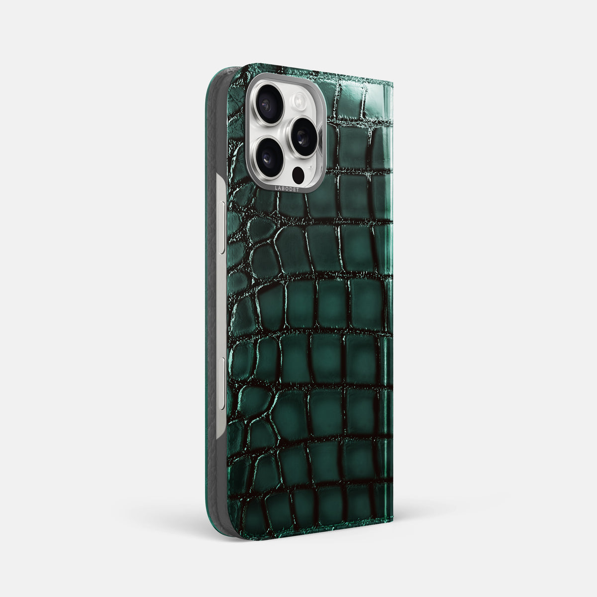 Green iPhone 16 Pro Max Folio Magsafe Case Patina Alligator with Steel Metal -1 | Green-Steel