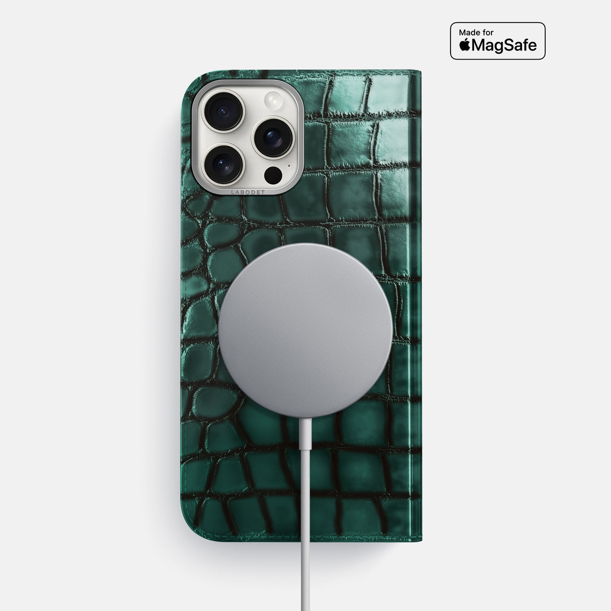 Green iPhone 16 Pro Max Folio Magsafe Case Patina Alligator with Steel Metal -3 | Green-Steel