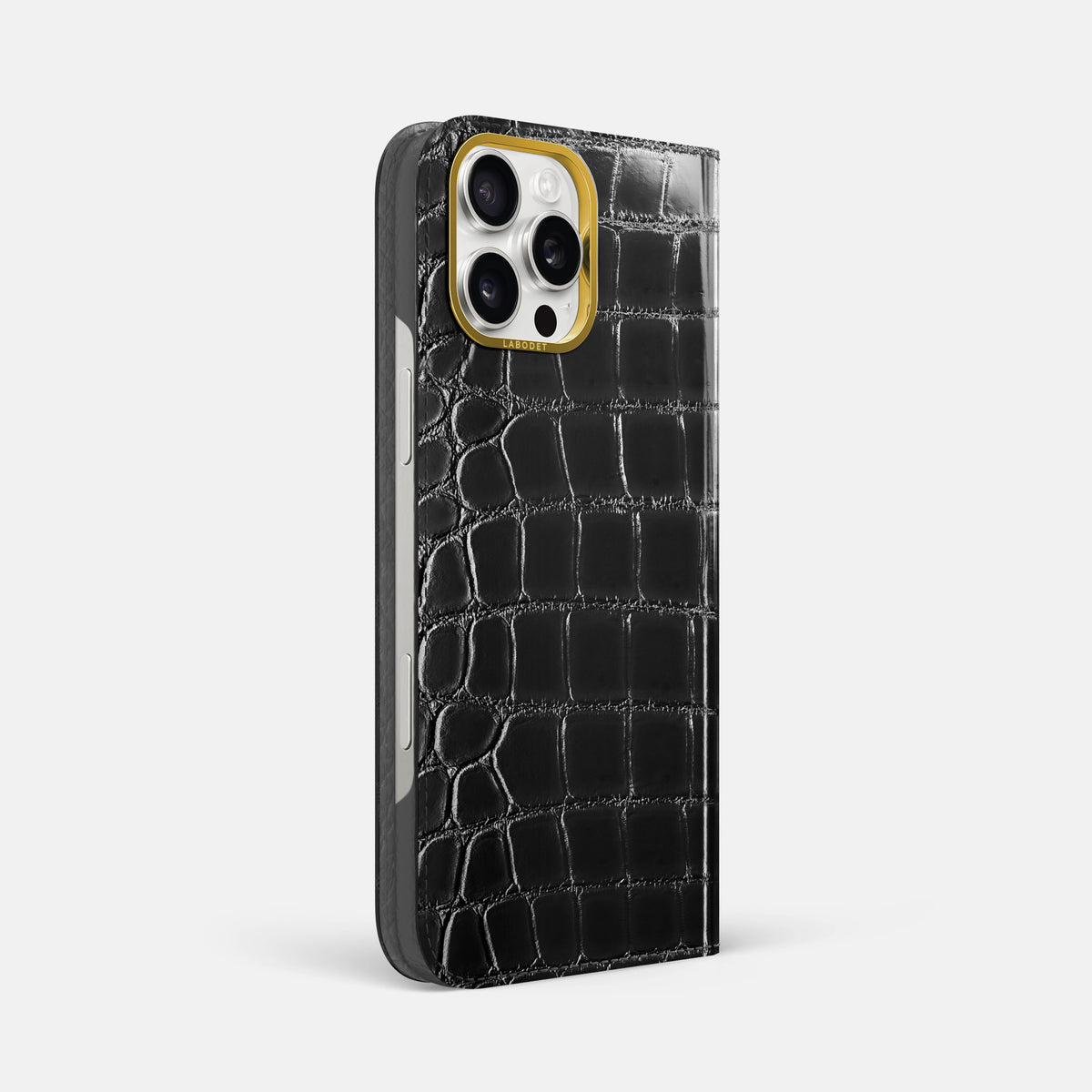 Havana-Black iPhone 16 Pro Max Folio Magsafe Case Patina Alligator with Gold Metal -1 | Havana-Black-Gold