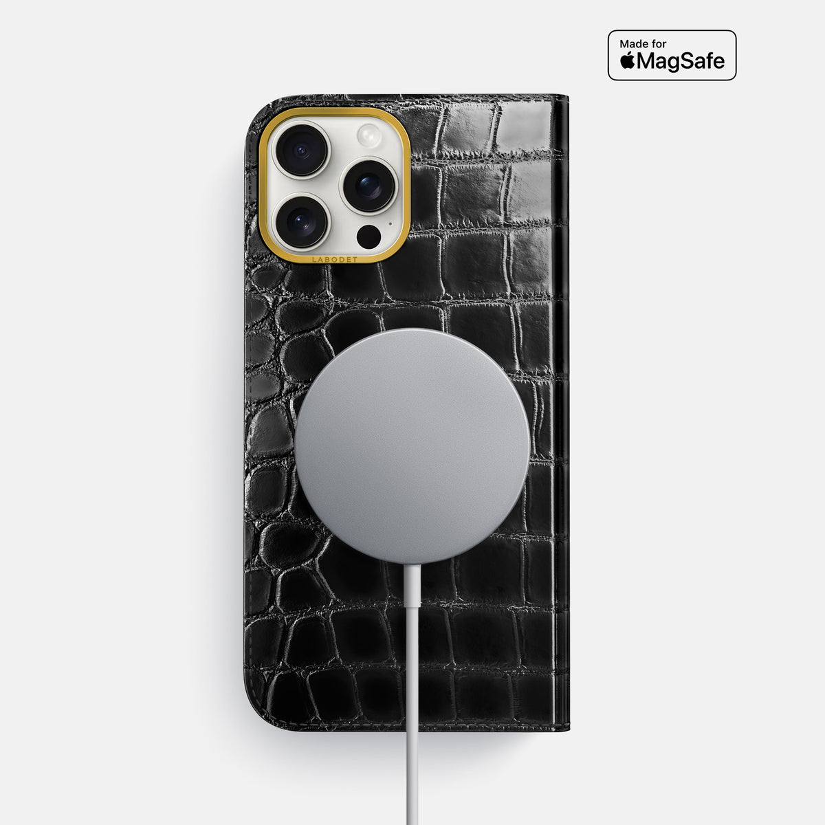 Havana-Black iPhone 16 Pro Max Folio Magsafe Case Patina Alligator with Gold Metal -3 | Havana-Black-Gold