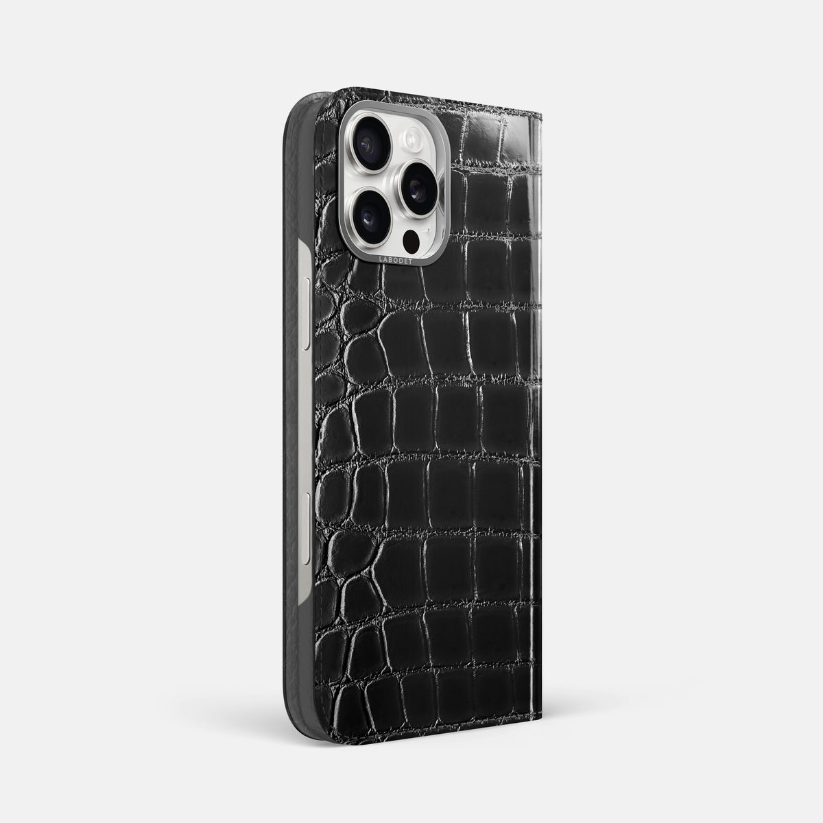 Havana-Black iPhone 16 Pro Max Folio Magsafe Case Patina Alligator with Steel Metal -1 | Havana-Black-Steel
