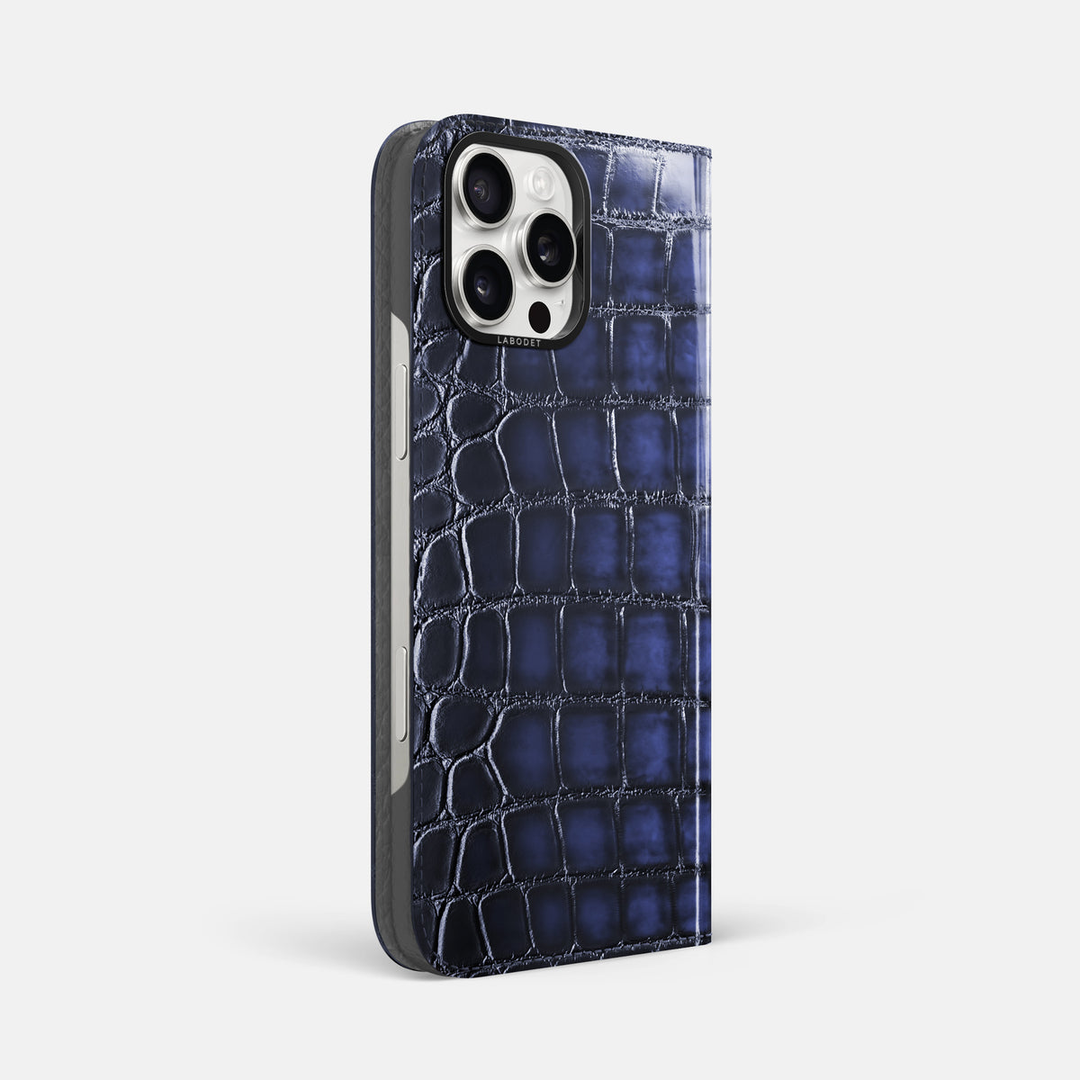 Havana-Blue iPhone 16 Pro Max Folio Magsafe Case Patina Alligator with Black Metal -1 | Havana-Blue-Black