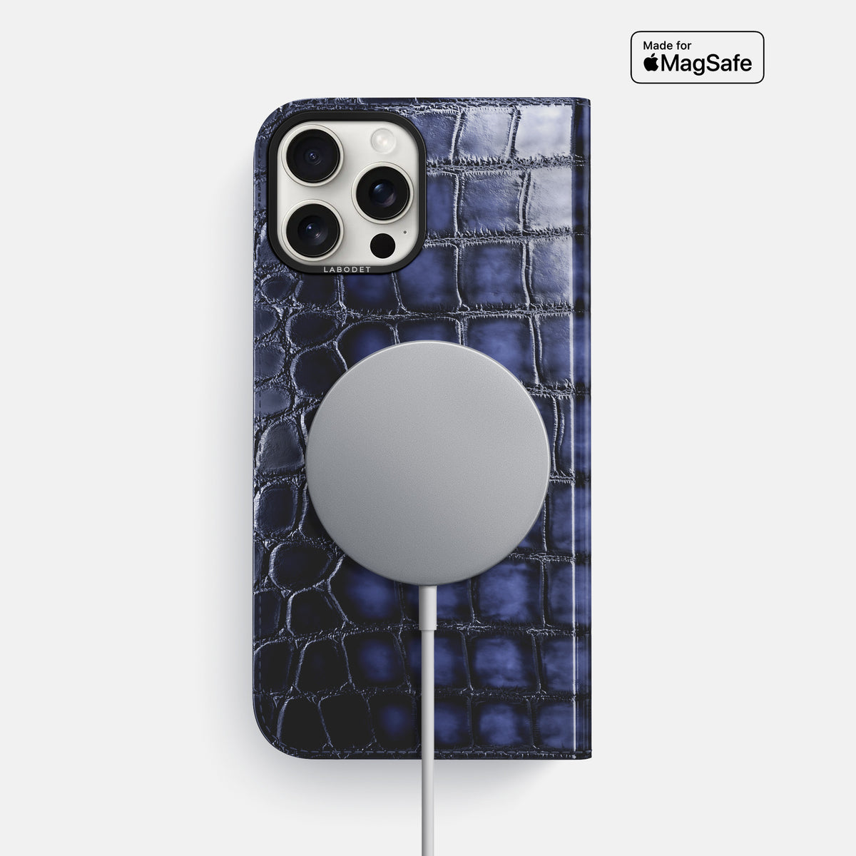 Havana-Blue iPhone 16 Pro Max Folio Magsafe Case Patina Alligator with Black Metal -3 | Havana-Blue-Black