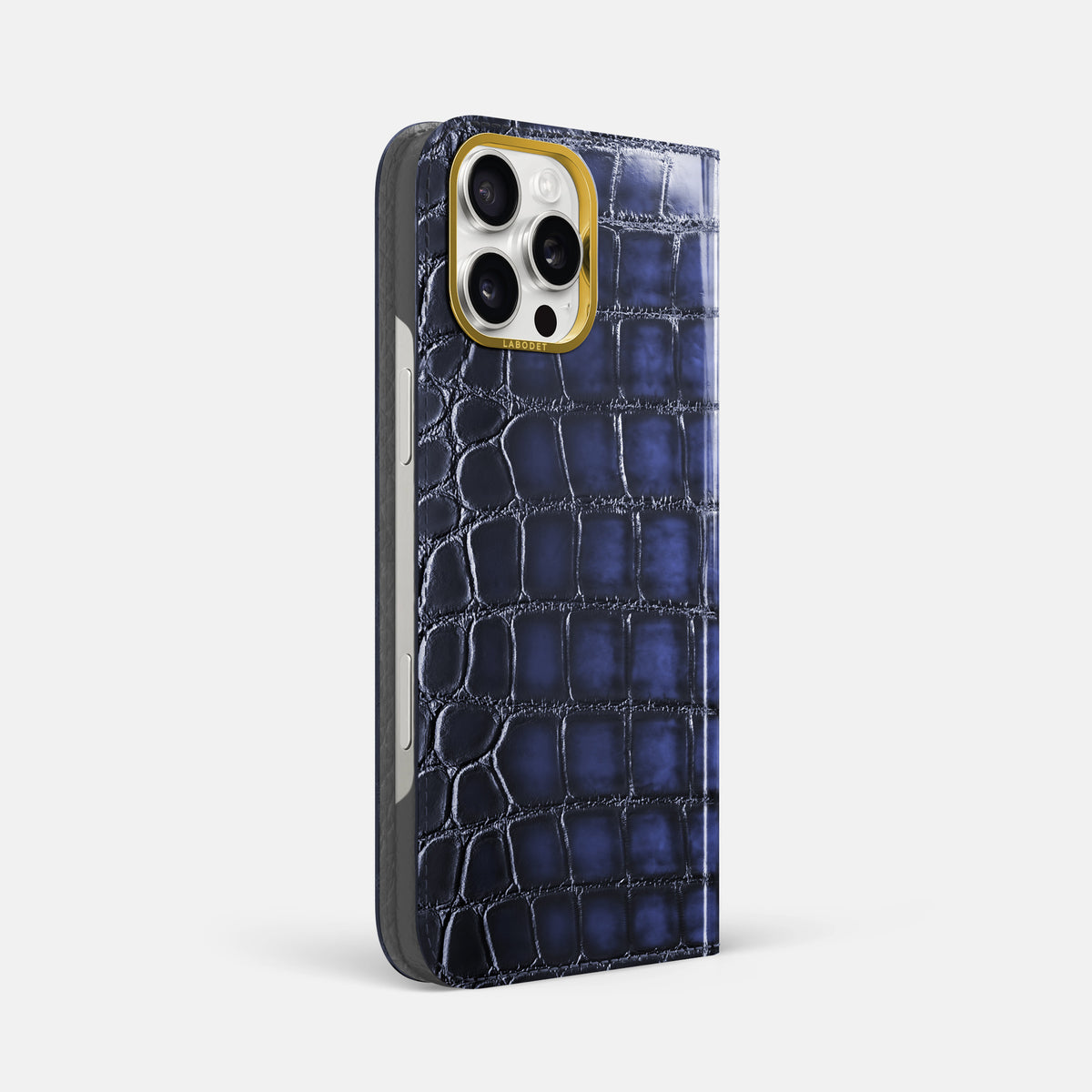 Havana-Blue iPhone 16 Pro Max Folio Magsafe Case Patina Alligator with Gold Metal -1 | Havana-Blue-Gold