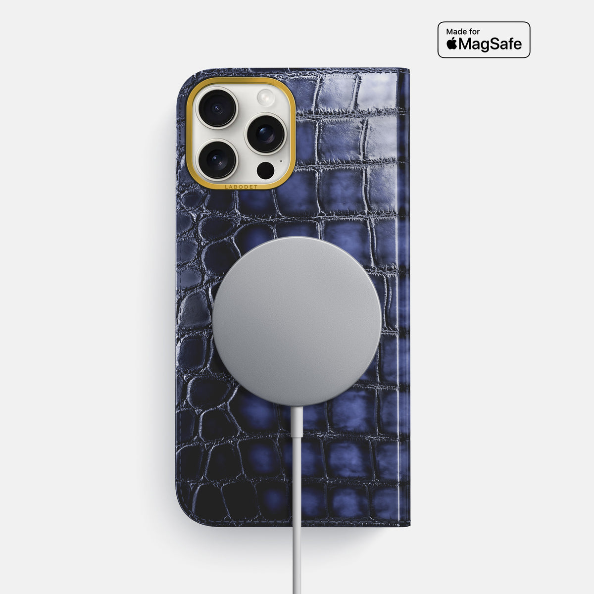 Havana-Blue iPhone 16 Pro Max Folio Magsafe Case Patina Alligator with Gold Metal -3 | Havana-Blue-Gold
