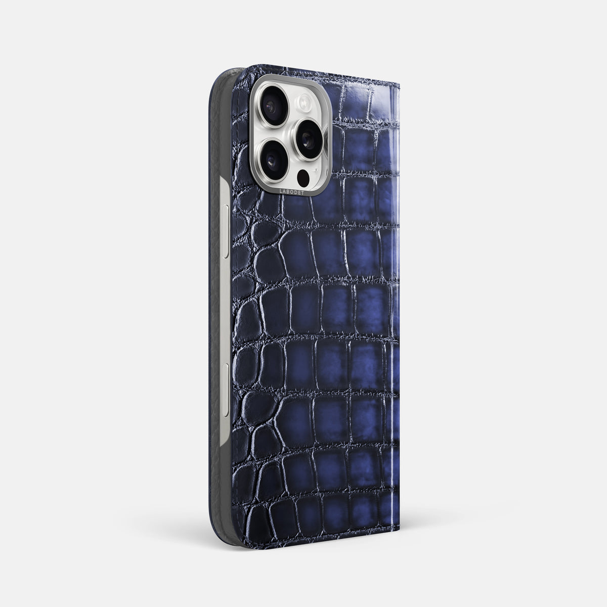 Havana-Blue iPhone 16 Pro Max Folio Magsafe Case Patina Alligator with Steel Metal -1 | Havana-Blue-Steel