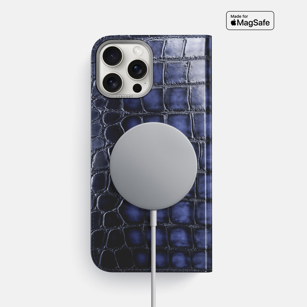 Havana-Blue iPhone 16 Pro Max Folio Magsafe Case Patina Alligator with Steel Metal -3 | Havana-Blue-Steel