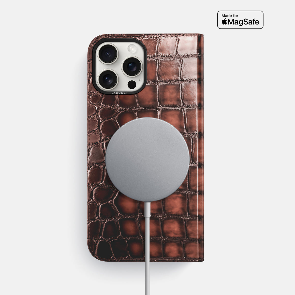 Havana-Brown iPhone 16 Pro Max Folio Magsafe Case Patina Alligator with Black Metal -3 | Havana-Brown-Black