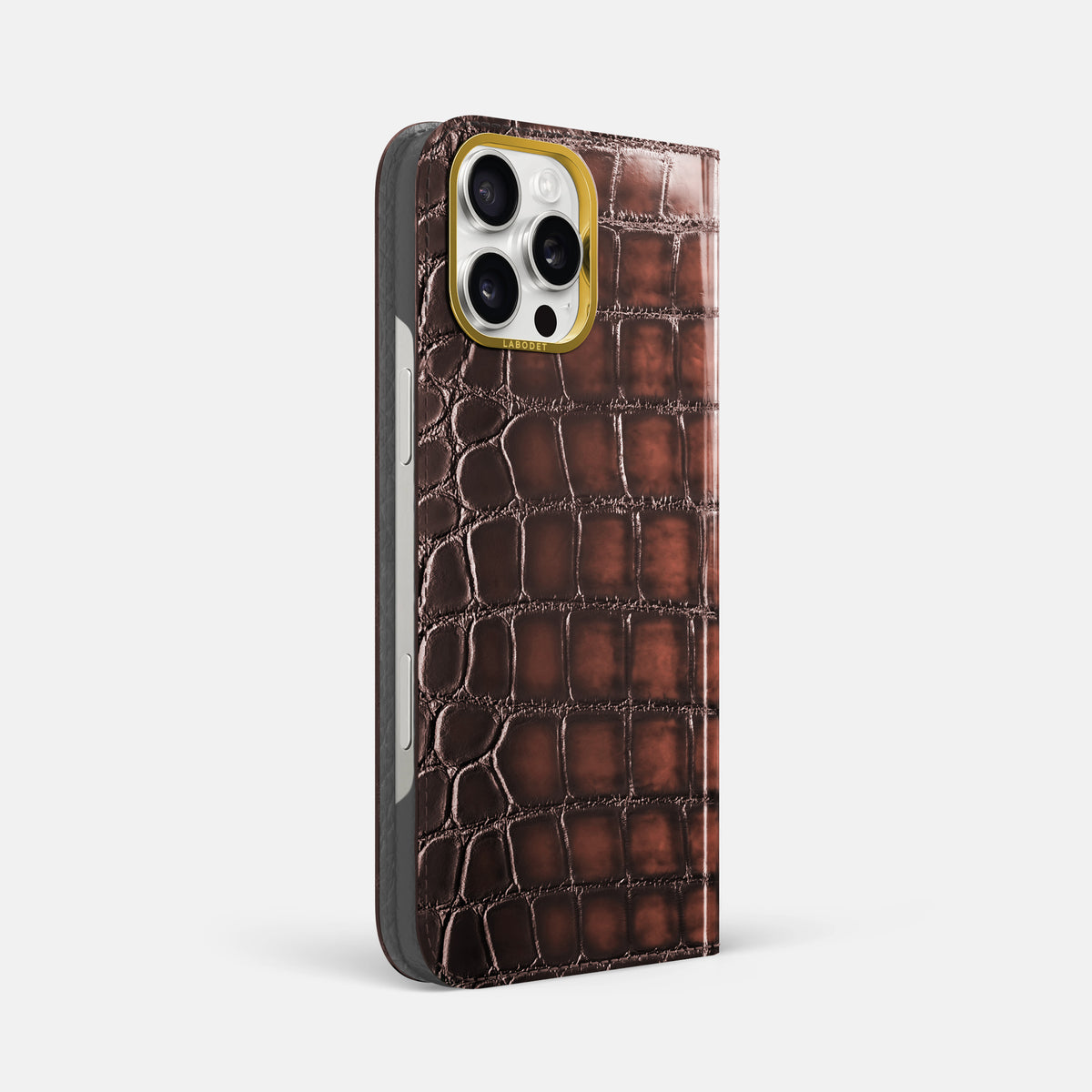Havana-Brown iPhone 16 Pro Max Folio Magsafe Case Patina Alligator with Gold Metal -1 | Havana-Brown-Gold