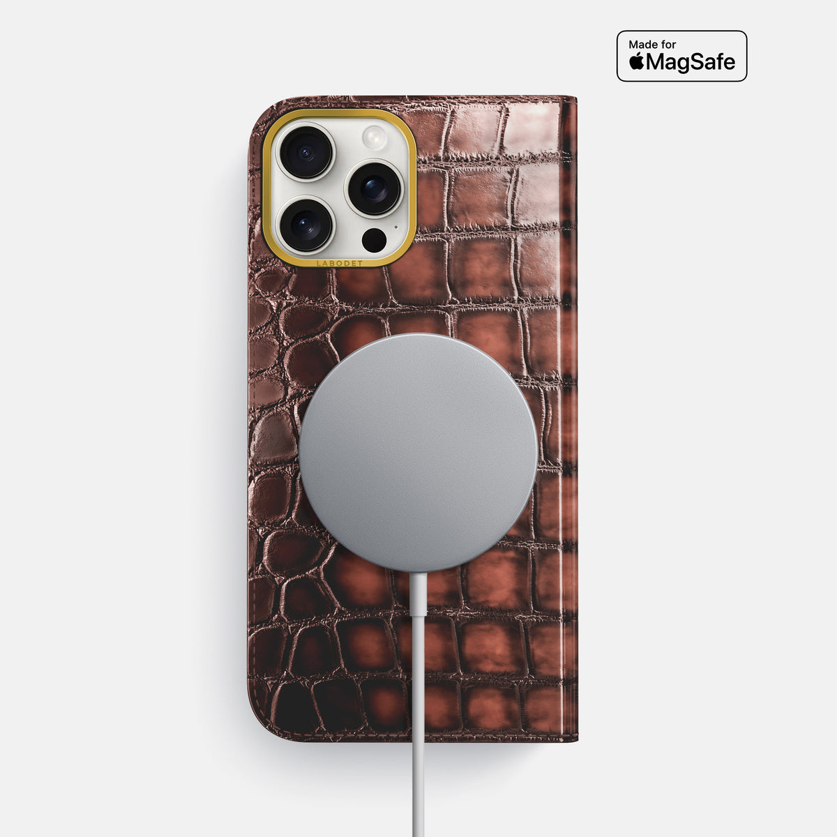 Havana-Brown iPhone 16 Pro Max Folio Magsafe Case Patina Alligator with Gold Metal -3 | Havana-Brown-Gold