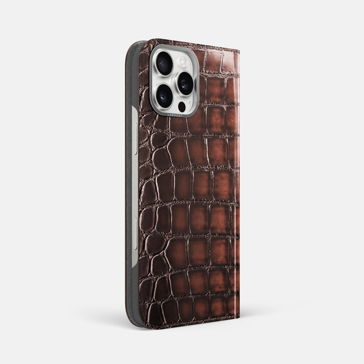 Havana-Brown iPhone 16 Pro Max Folio Magsafe Case Patina Alligator with Steel Metal -1 | Havana-Brown-Steel