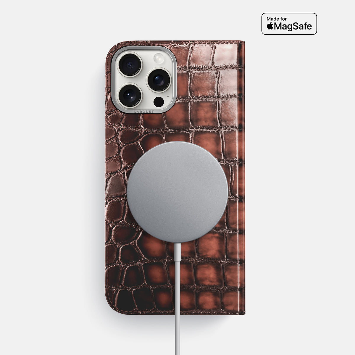 Havana-Brown iPhone 16 Pro Max Folio Magsafe Case Patina Alligator with Steel Metal -3 | Havana-Brown-Steel