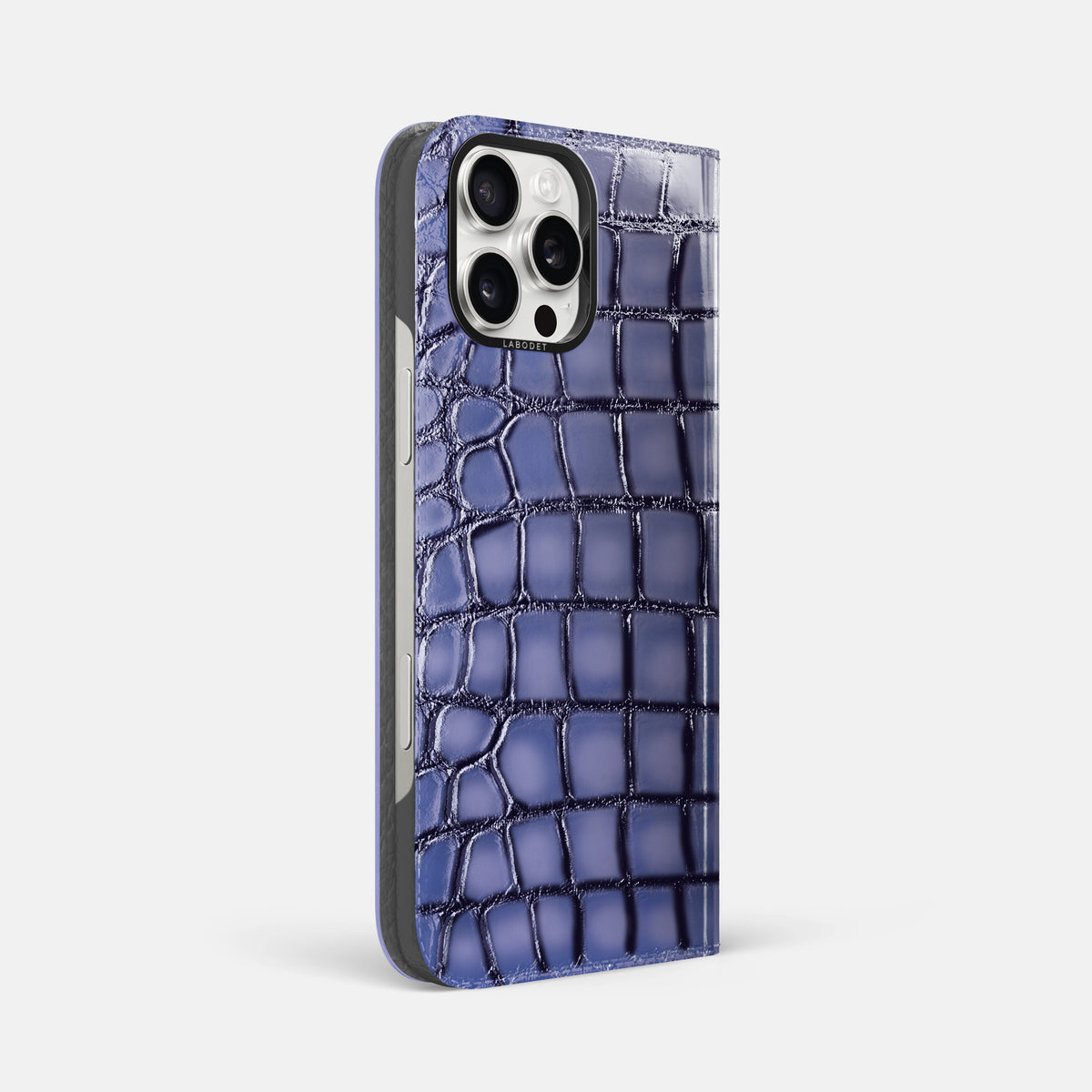 Lilac iPhone 16 Pro Max Folio Magsafe Case Patina Alligator with Black Metal -1 | Lilac-Black