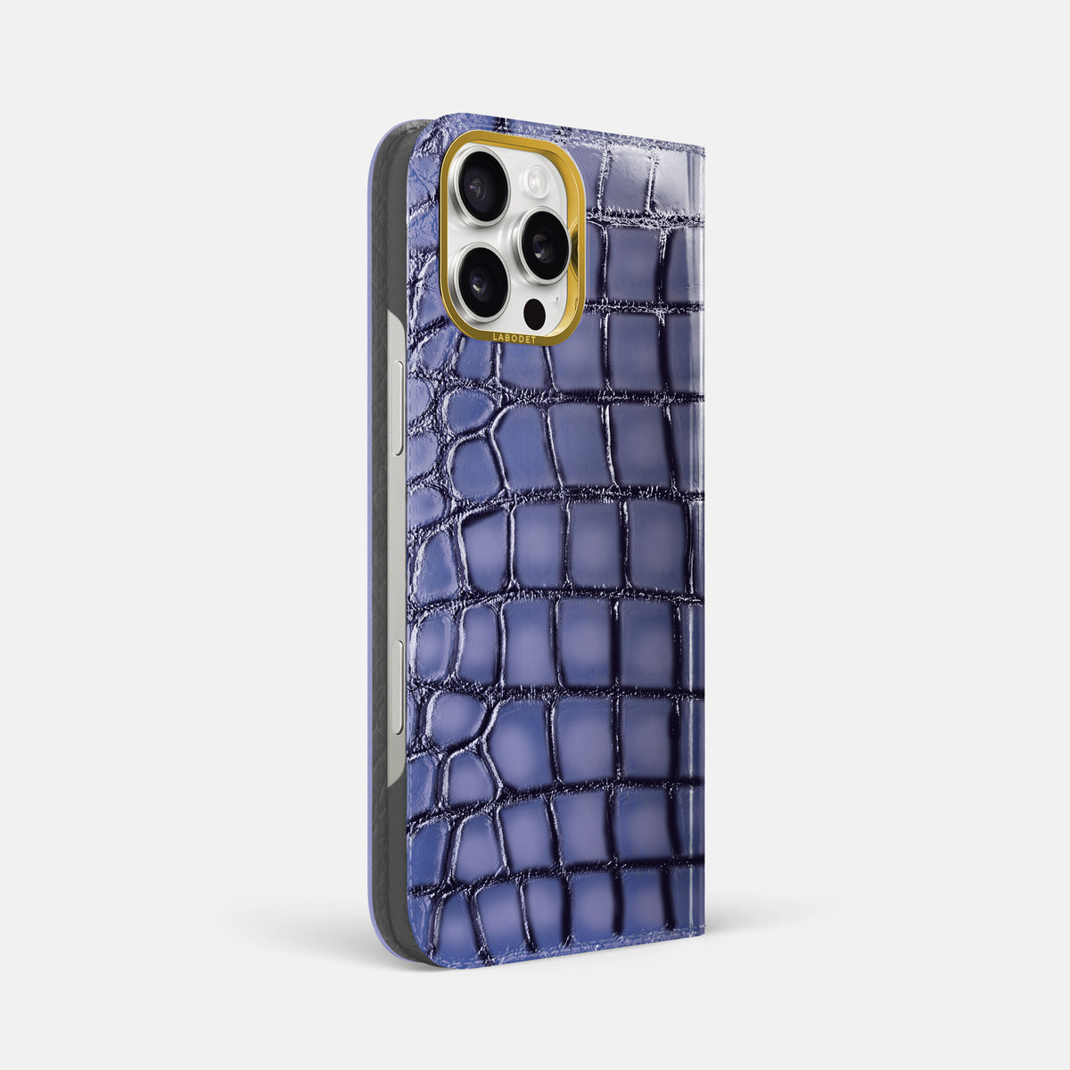 Lilac iPhone 16 Pro Max Folio Magsafe Case Patina Alligator with Gold Metal -1 | Lilac-Gold