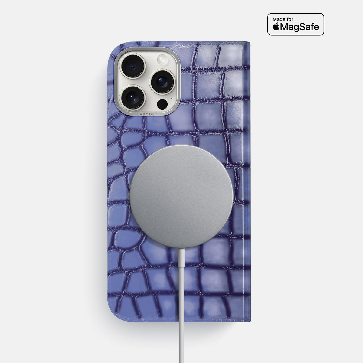 Lilac iPhone 16 Pro Max Folio Magsafe Case Patina Alligator with Steel Metal -3 | Lilac-Steel