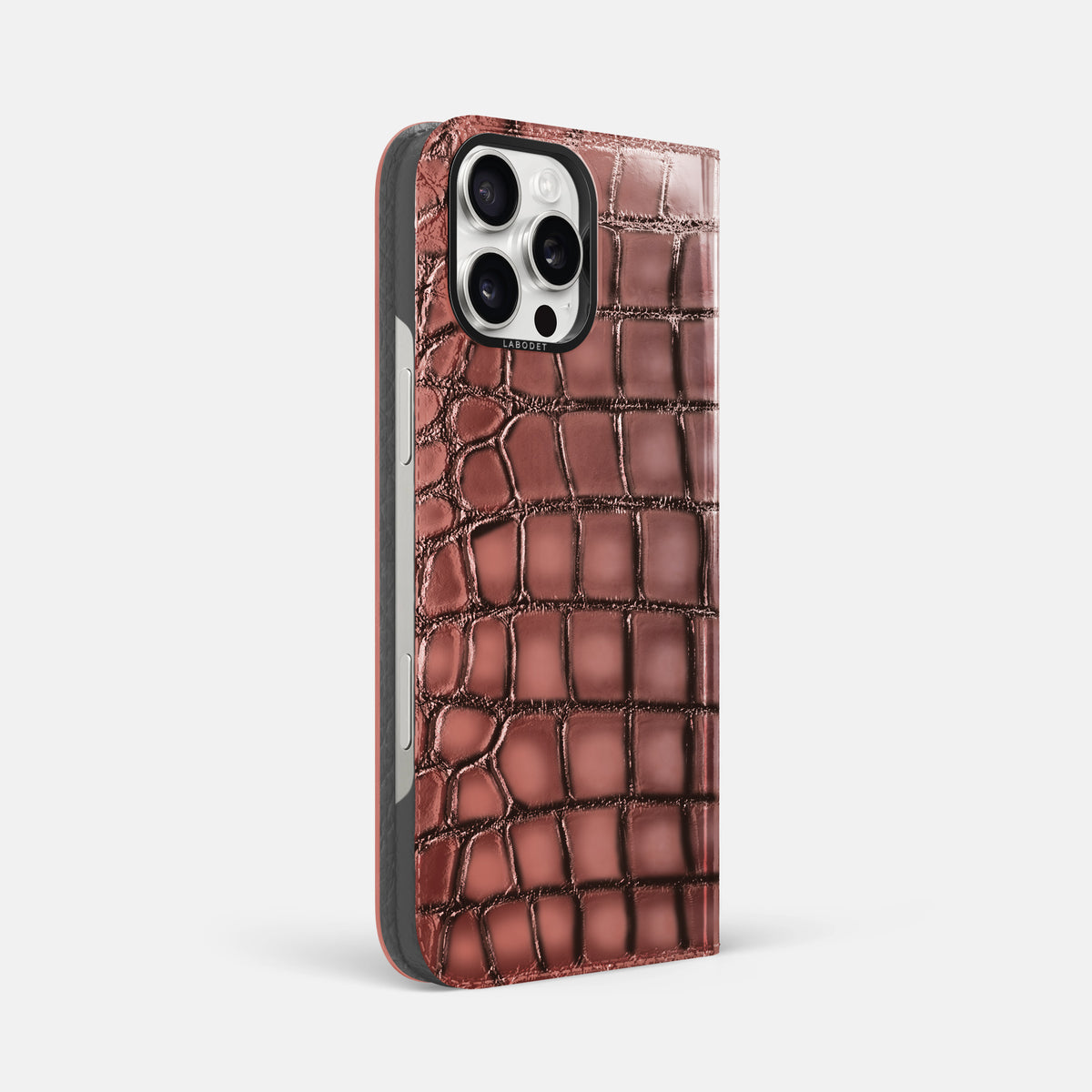 Wine-Sediment iPhone 16 Pro Max Folio Magsafe Case Patina Alligator with Black Metal -1 | Wine-Sediment-Black