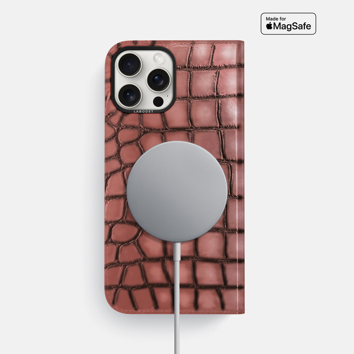 Wine-Sediment iPhone 16 Pro Max Folio Magsafe Case Patina Alligator with Black Metal -3 | Wine-Sediment-Black