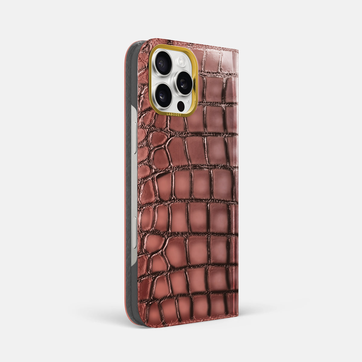 Wine-Sediment iPhone 16 Pro Max Folio Magsafe Case Patina Alligator with Gold Metal -1 | Wine-Sediment-Gold