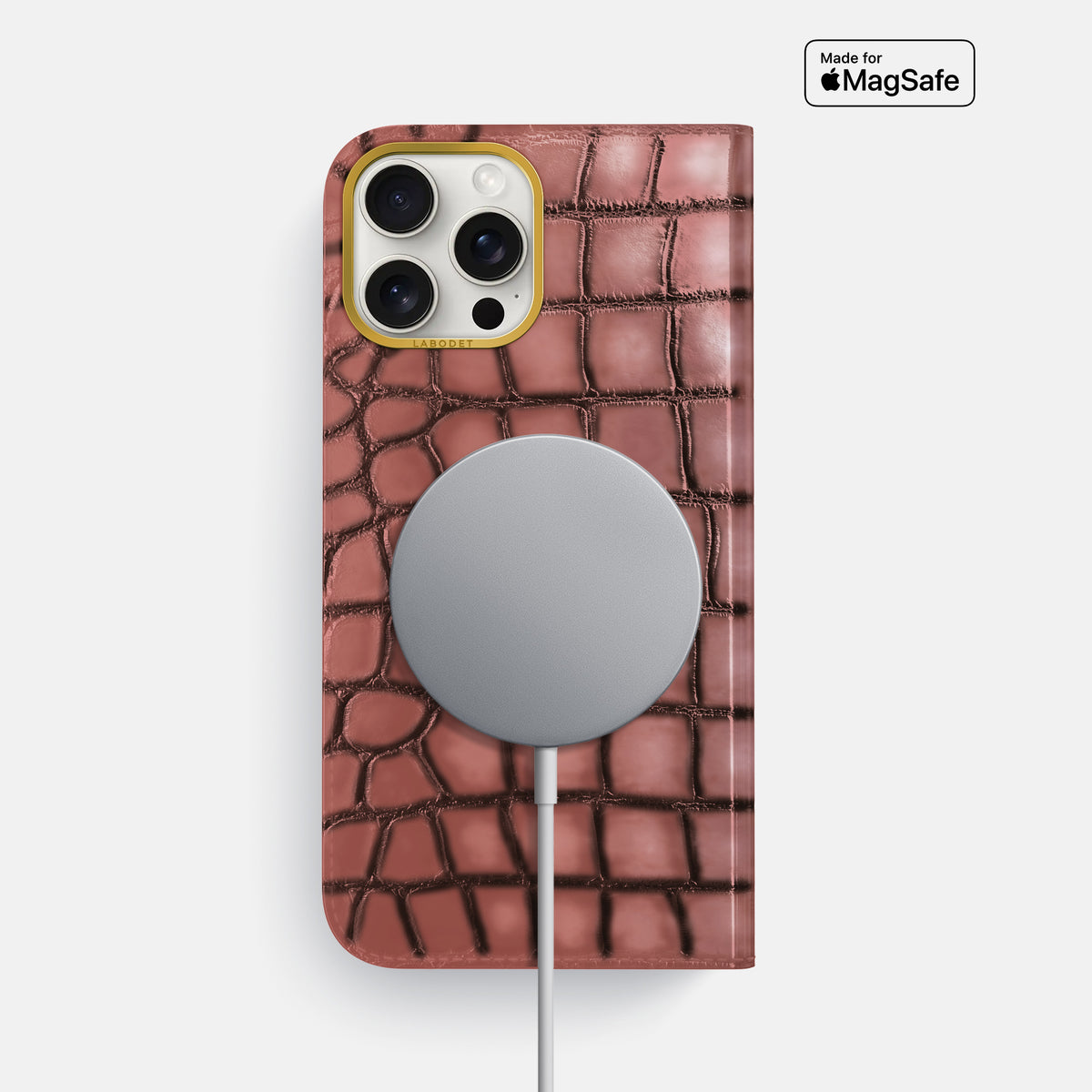 Wine-Sediment iPhone 16 Pro Max Folio Magsafe Case Patina Alligator with Gold Metal -3 | Wine-Sediment-Gold
