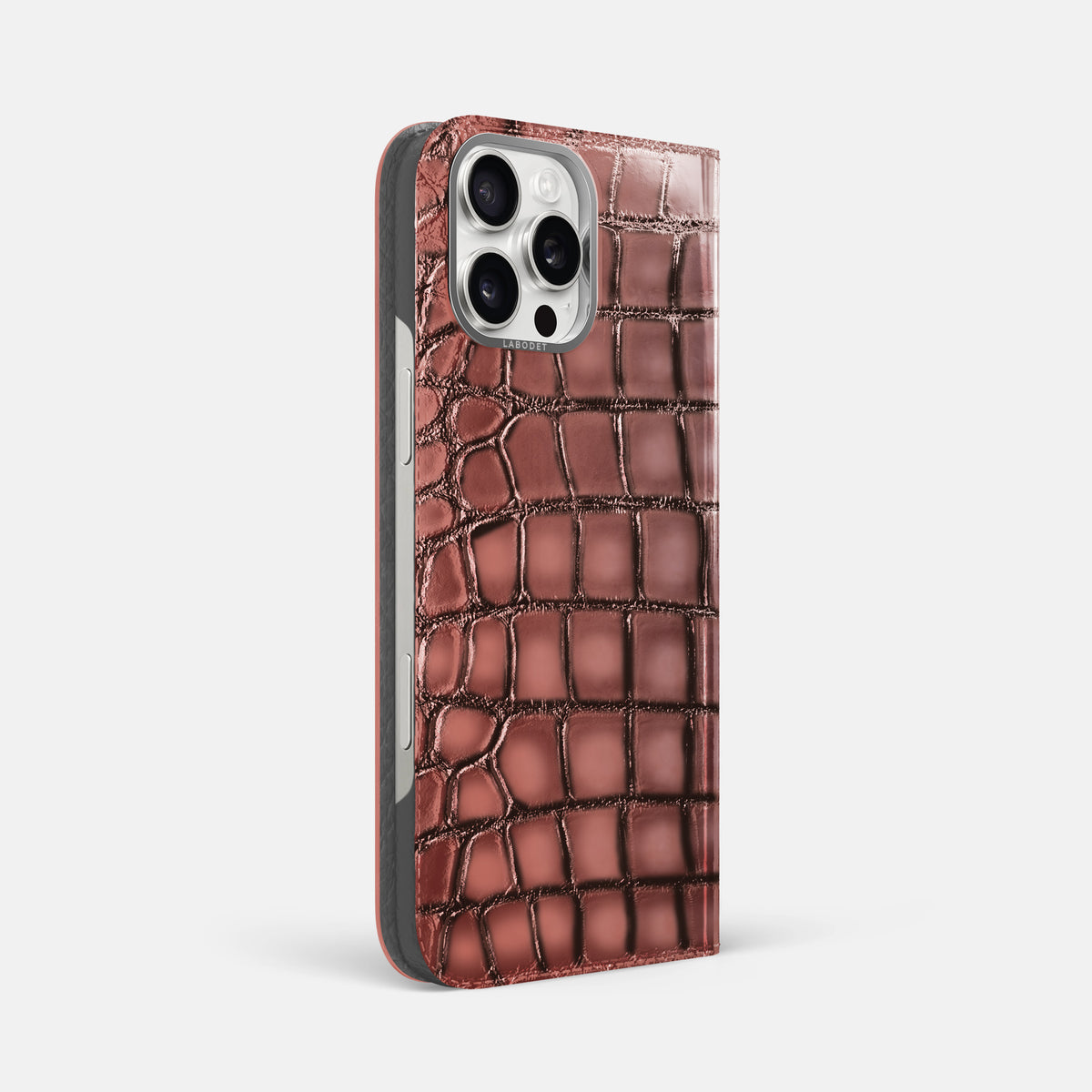 Wine-Sediment iPhone 16 Pro Max Folio Magsafe Case Patina Alligator with Steel Metal -1 | Wine-Sediment-Steel