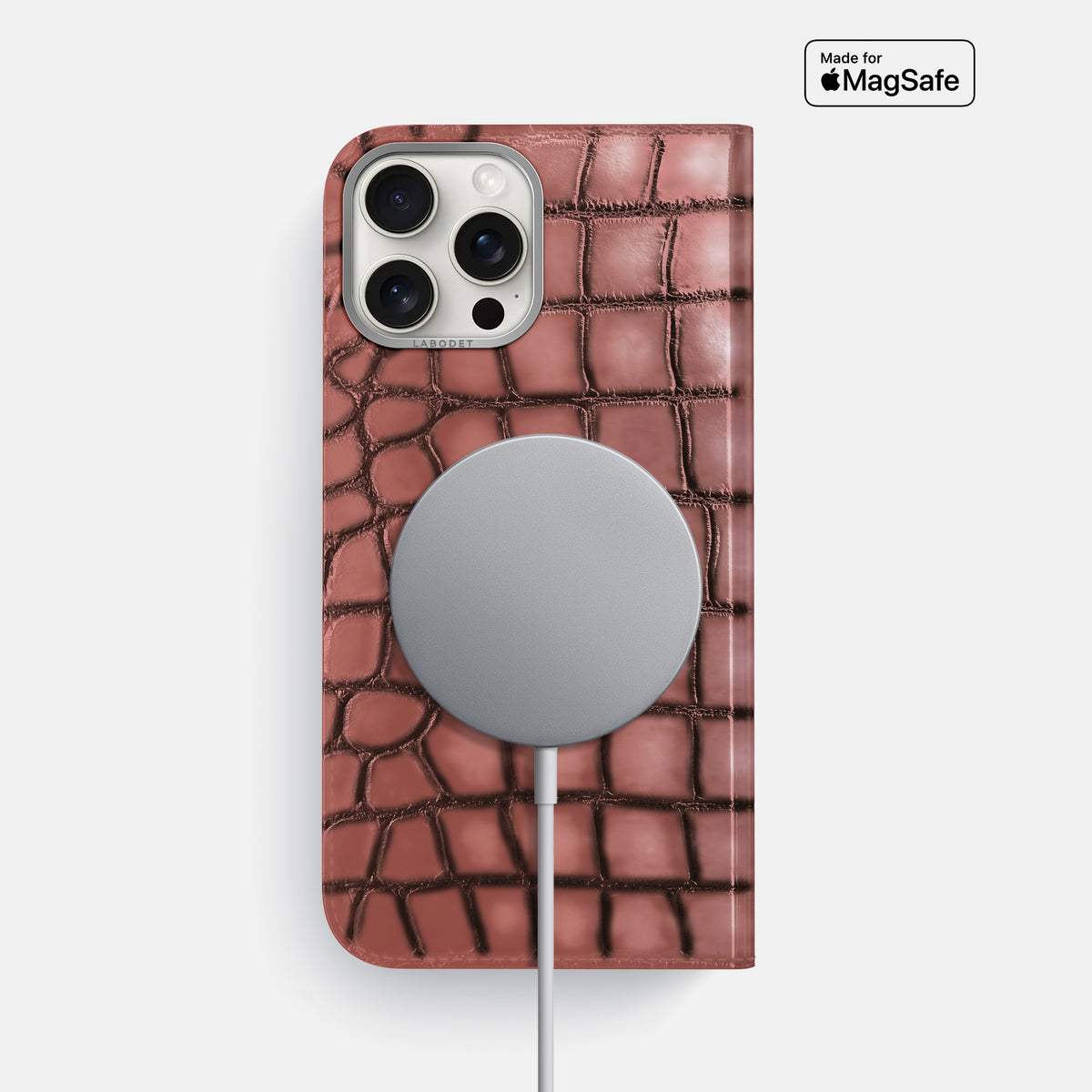 Wine-Sediment iPhone 16 Pro Max Folio Magsafe Case Patina Alligator with Steel Metal -3 | Wine-Sediment-Steel