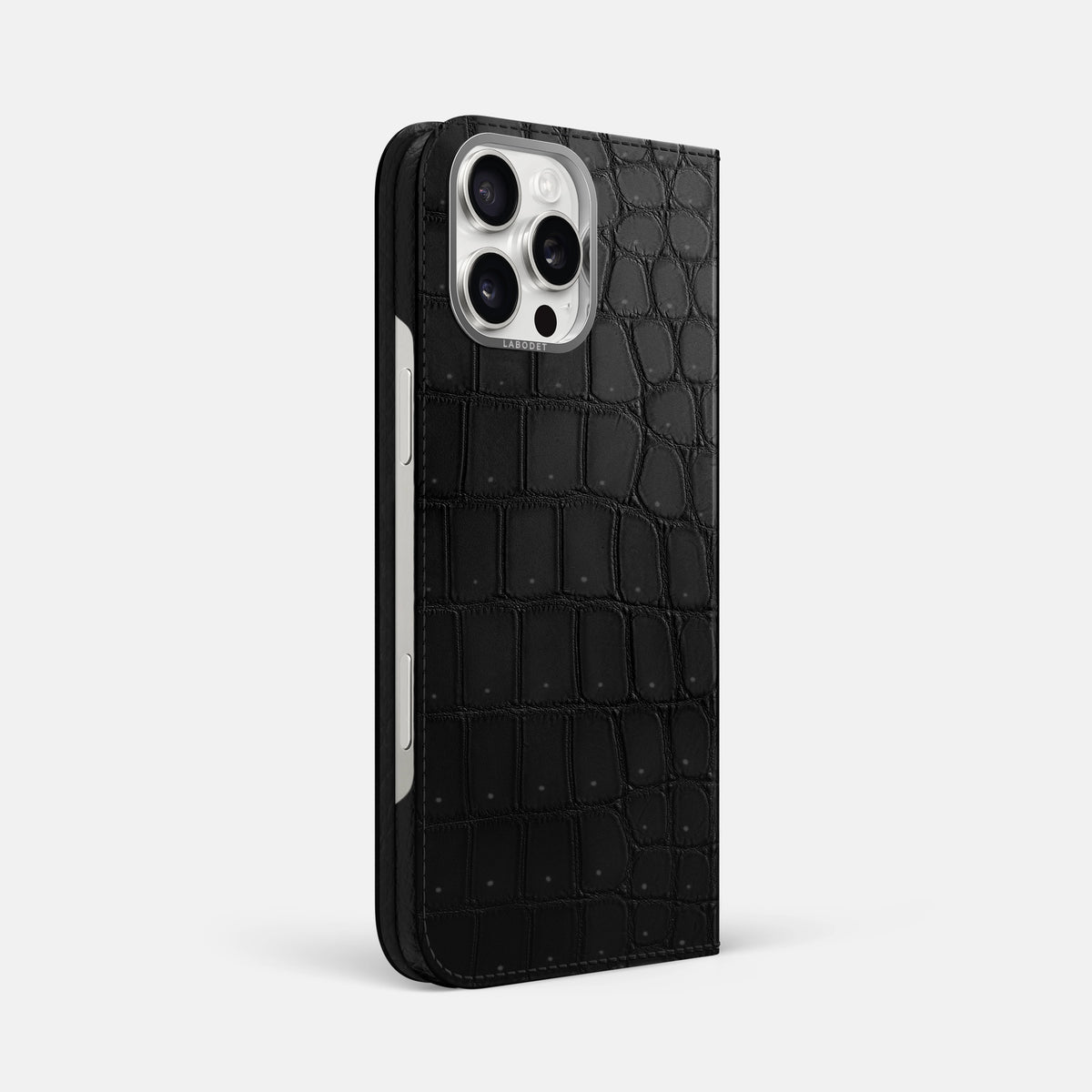 Black iPhone 16 Pro Max Folio Case Porosus Crocodile with Steel Metal -1 | Black-Steel