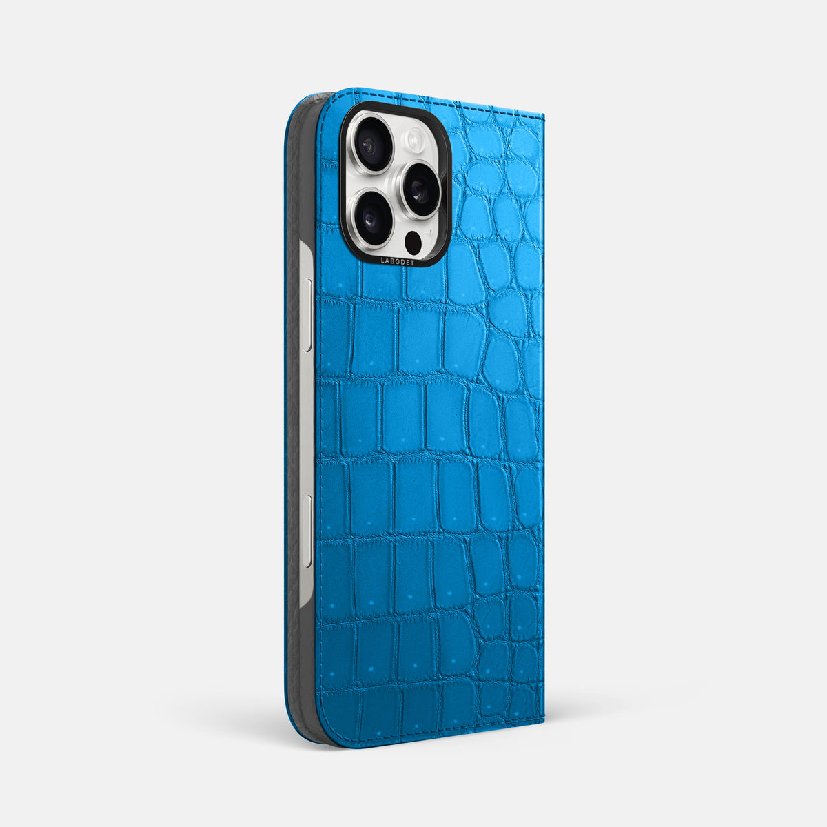 Blue-Lagoon iPhone 16 Pro Max Folio Case Porosus Crocodile with Black Metal -1 | Blue-Lagoon-Black