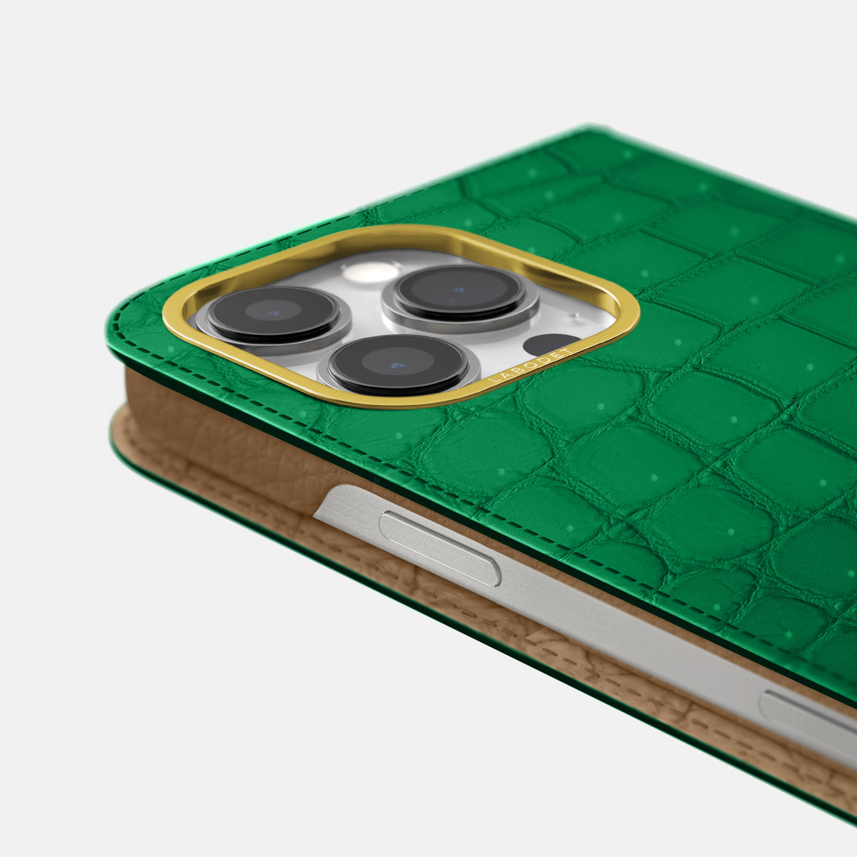 Cactus-Green iPhone 16 Pro Max Folio Case Porosus Crocodile with Gold Metal -5 | Cactus-Green-Gold