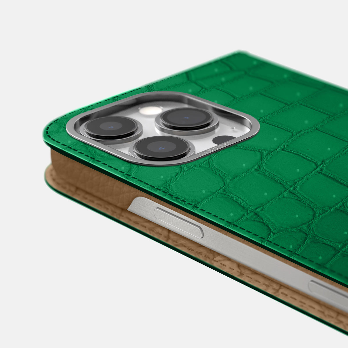 Cactus-Green iPhone 16 Pro Max Folio Case Porosus Crocodile with Steel Metal -5 | Cactus-Green-Steel