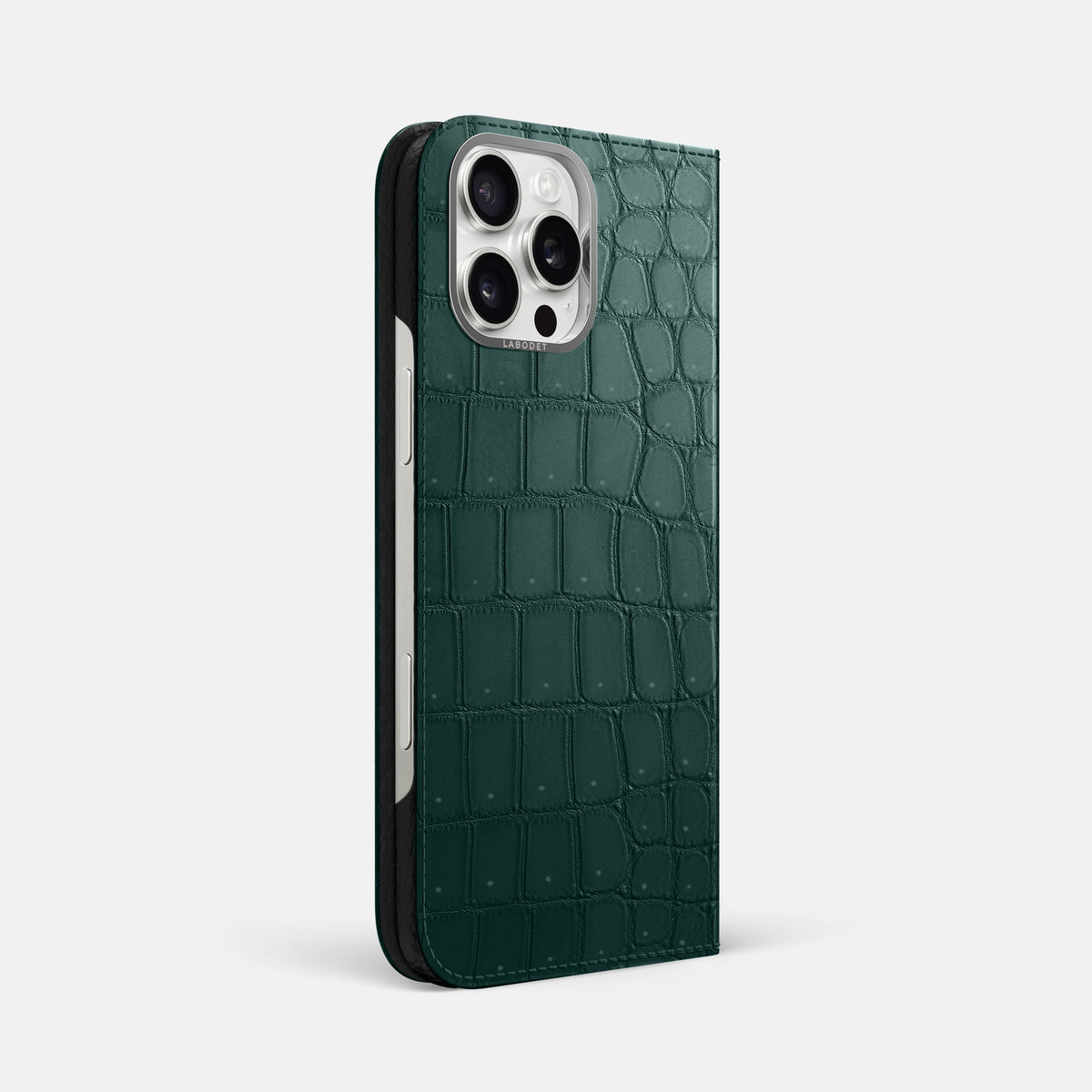 Dark-Forest iPhone 16 Pro Max Folio Case Porosus Crocodile with Steel Metal -1 | Dark-Forest-Steel