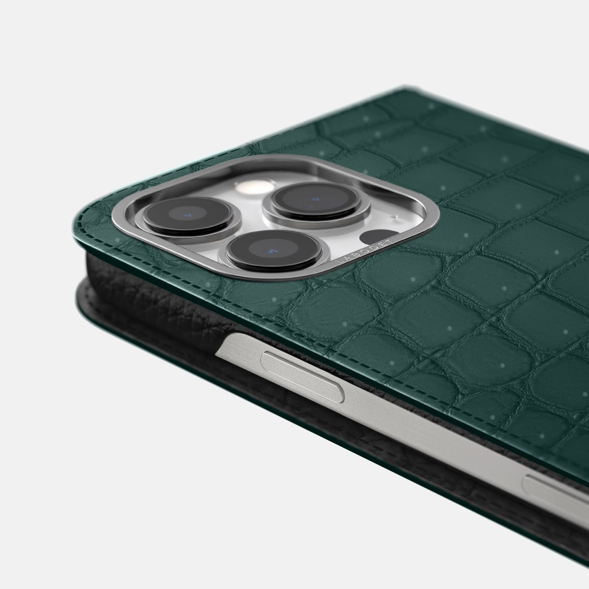Dark-Forest iPhone 16 Pro Max Folio Case Porosus Crocodile with Steel Metal -5 | Dark-Forest-Steel