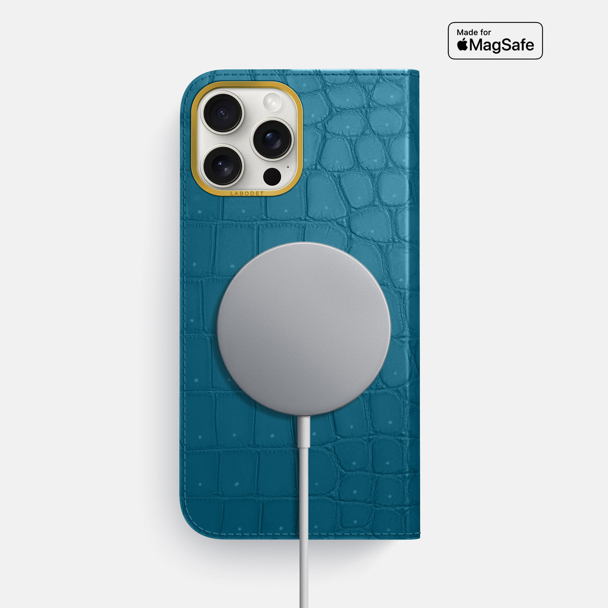 Duck Blue iPhone 16 Pro Max Folio Case Porosus Crocodile with Gold Metal -3 | Duck-Blue-Gold