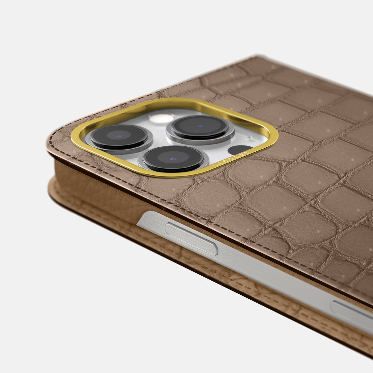 Fur-Brown iPhone 16 Pro Max Folio Case Porosus Crocodile with Gold Metal -5 | Fur-Brown-Gold
