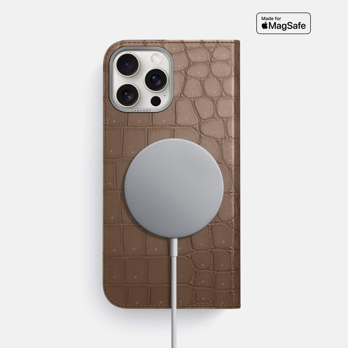 Fur-Brown iPhone 16 Pro Max Folio Case Porosus Crocodile with Steel Metal -3 | Fur-Brown-Steel
