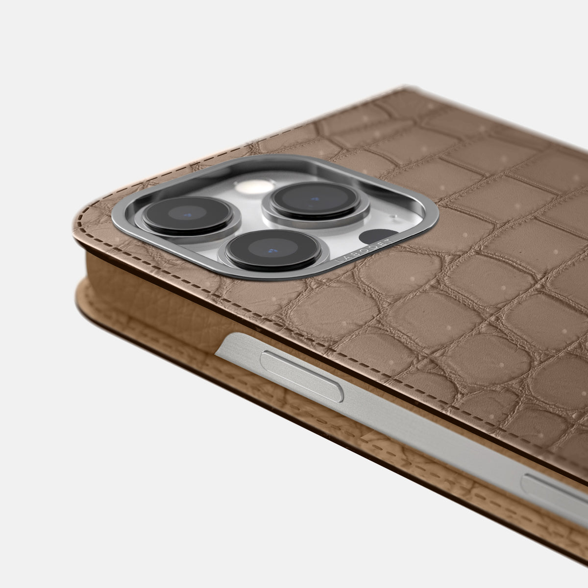 Fur-Brown iPhone 16 Pro Max Folio Case Porosus Crocodile with Steel Metal -5 | Fur-Brown-Steel