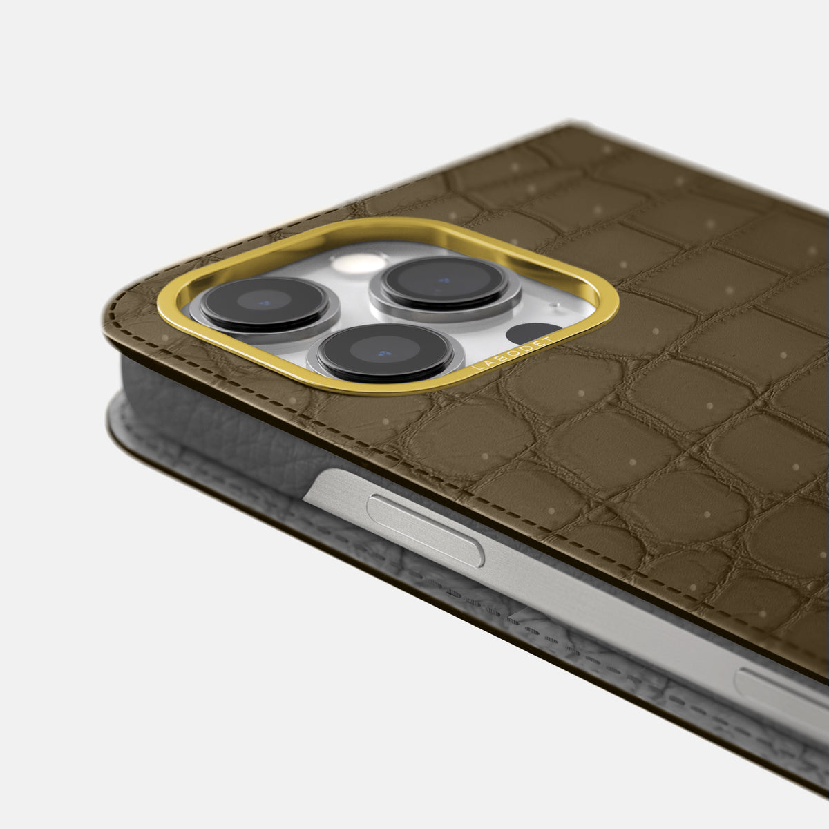 Kaki-Green iPhone 16 Pro Max Folio Case Porosus Crocodile with Gold Metal -5 | Kaki-Green-Gold