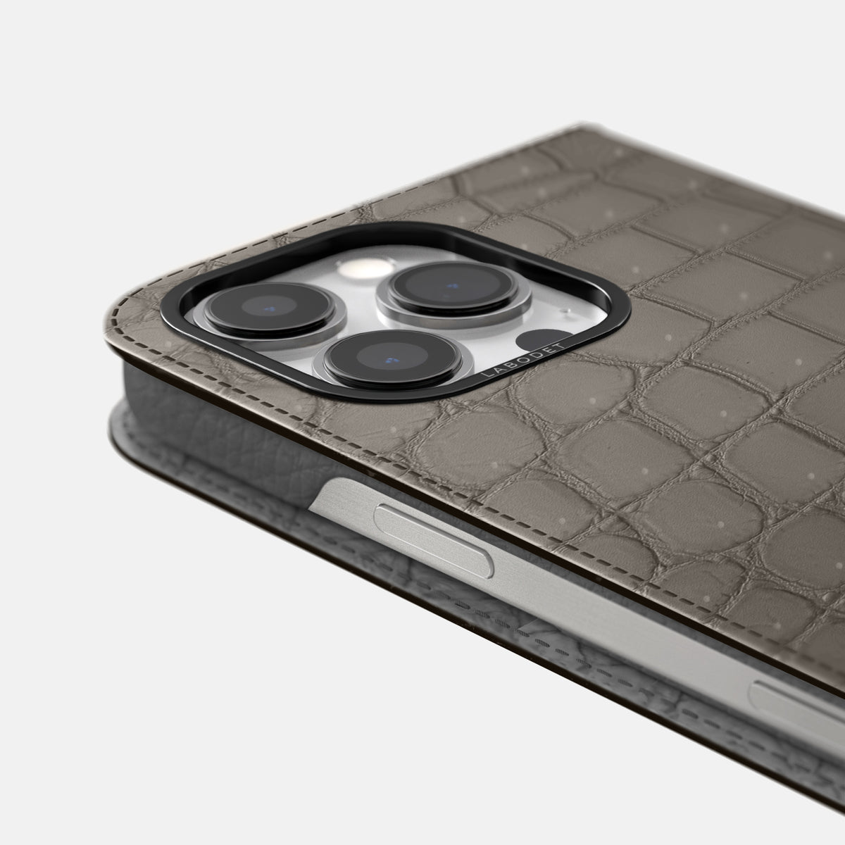Lava-Stone iPhone 16 Pro Max Folio Case Porosus Crocodile with Black Metal -5 | Lava-Stone-Black