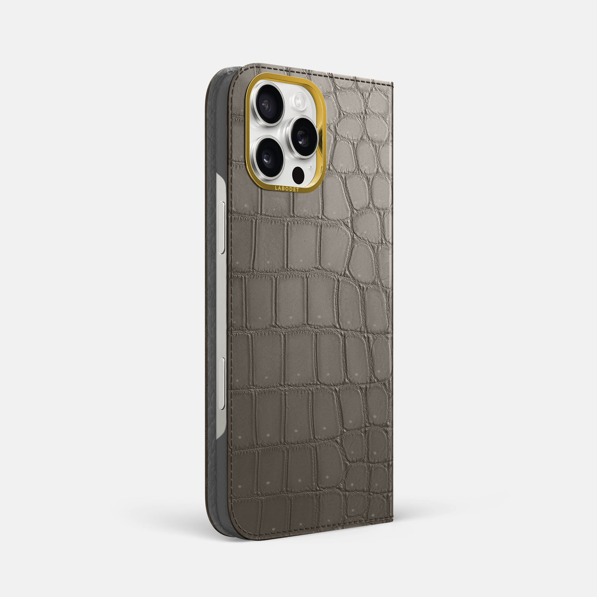 Lava-Stone iPhone 16 Pro Max Folio Case Porosus Crocodile with Gold Metal -1 | Lava-Stone-Gold