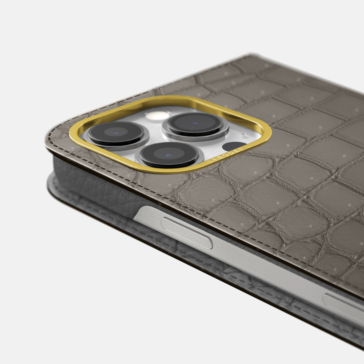 Lava-Stone iPhone 16 Pro Max Folio Case Porosus Crocodile with Gold Metal -5 | Lava-Stone-Gold
